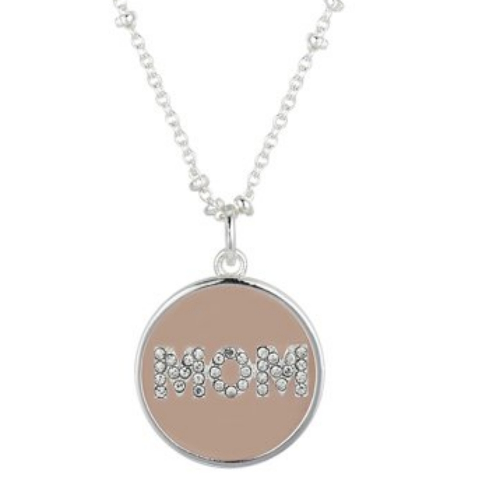 Fine Silver Plated Crystal Rose Quartz "Mom" Layered Pendant Set, 16+2" & 18+2”